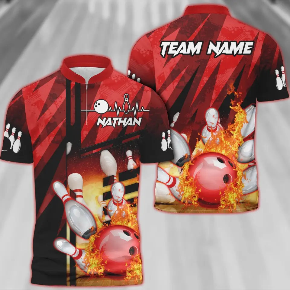 Customized Bowling Polo Shirt, Bowling And Pins Abstract Grunge Texture XX Multicolor Option Customized Name And Team Zipper Polo Jerseys Shirts