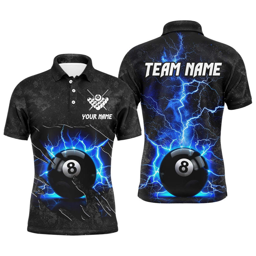 Billiard Polo Shirts, Blue 8 Ball Pool Thunder Lightning Custom Billiard Shirts, Team League Billiard Jerseys Uniform, Billiards Team Shirts