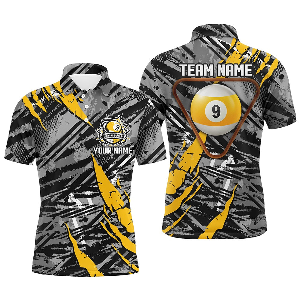 Billiard Polo Shirts, Personalized Grunge 9 Ball Pool Billiard Shirts Custom Billiard 9 Ball Jersey Shirts, Billiards Team Shirts