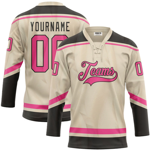 Custom Cream Pink-Black Lace Neck Hockey Jersey For Men & Women