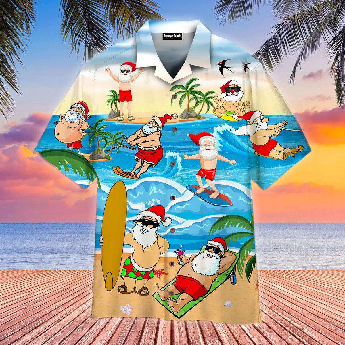 Funny Christmas Santa Surfing On Beach Hawaiian Shirt For Men & Women