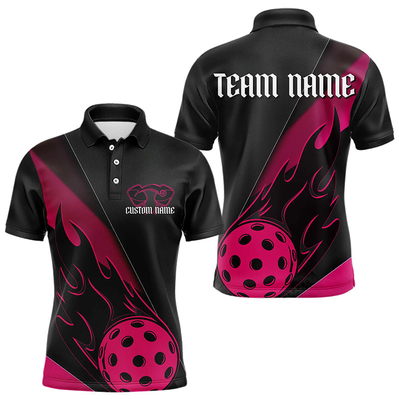 Black And Pink Custom Flame Pickleball Polo Shirts For Men, Unisex Pickleball Team Shirts IPHW7760