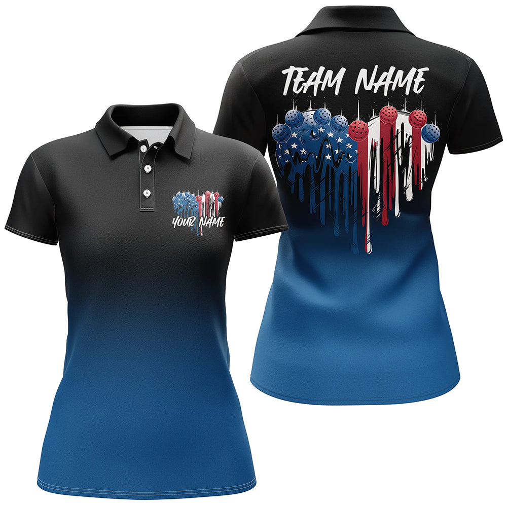 Custom Blue Patriotic Heart Pickleball Polo Shirts For Women, US Flag Pickleball Team Shirt IPHW8130