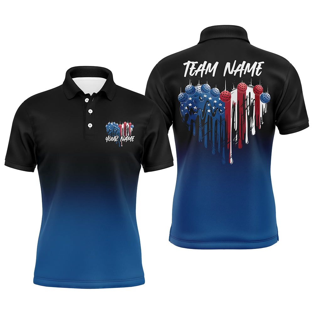 Custom Blue Patriotic Heart Pickleball Polo Shirts For Men, US Flag Pickleball Team Shirt IPHW8130