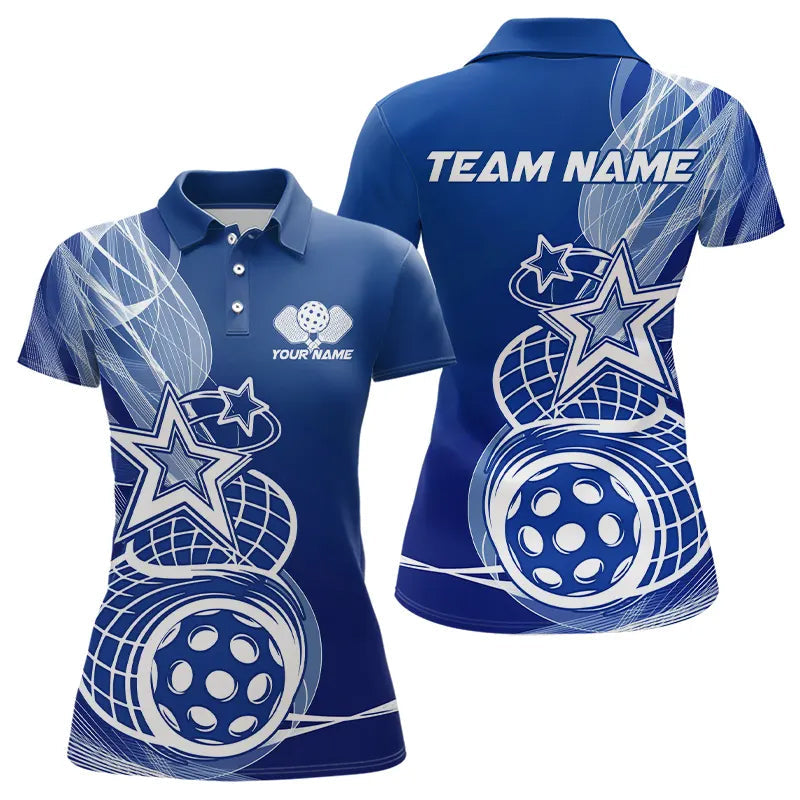 Custom Blue Pickleball Star Polo Shirts For Women, Outdoor Pickleball Team Uniform IPHW8207