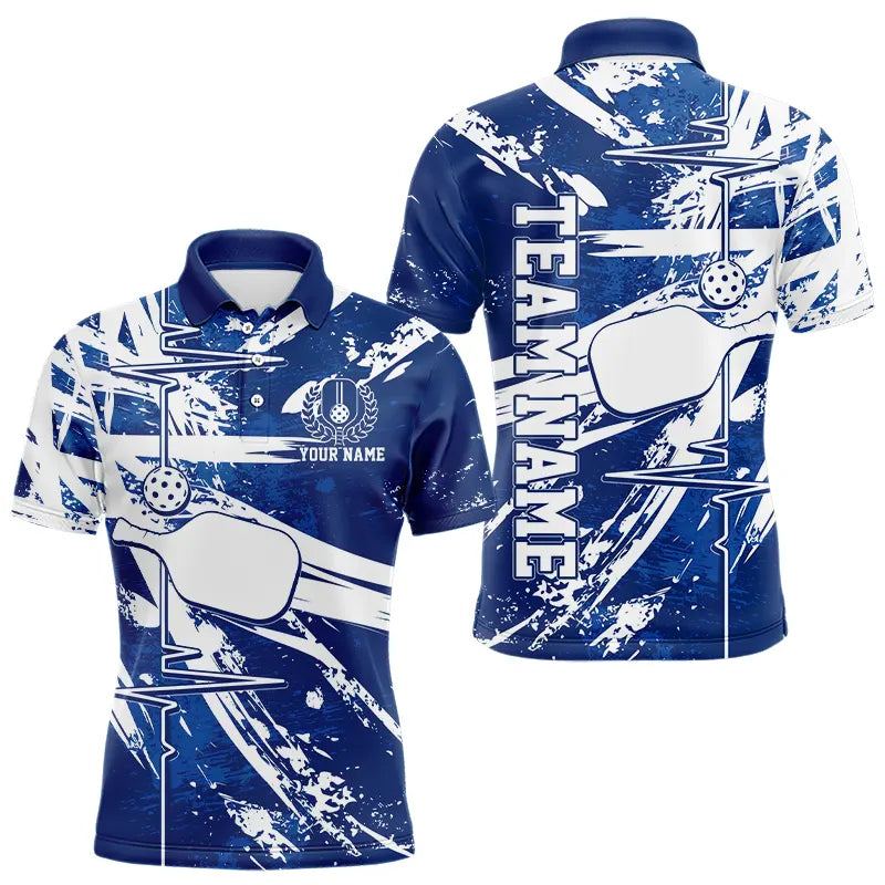 Blue And White Pickleball Heartbeat Pulse Line Custom Pickleball Team Polo Shirts For Men IPHW8211