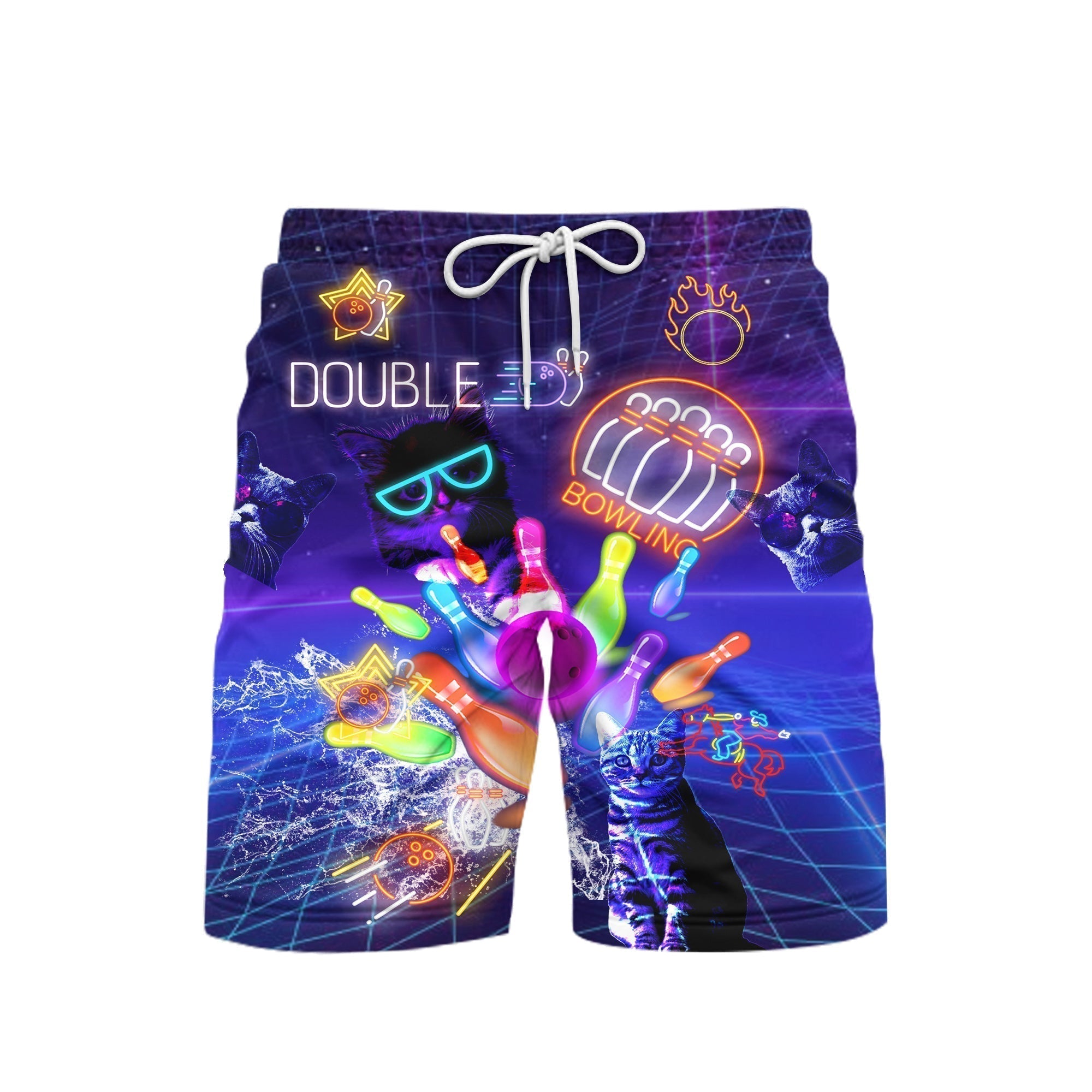 Neon Bowling Cats Beach Shorts For Men