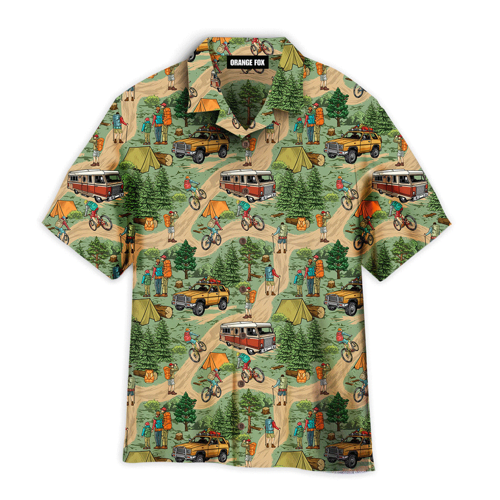 Outdoor Recreation Vintage Camping Bus Tree People Green Hawaiian Shirt For Men And Women WH1177
