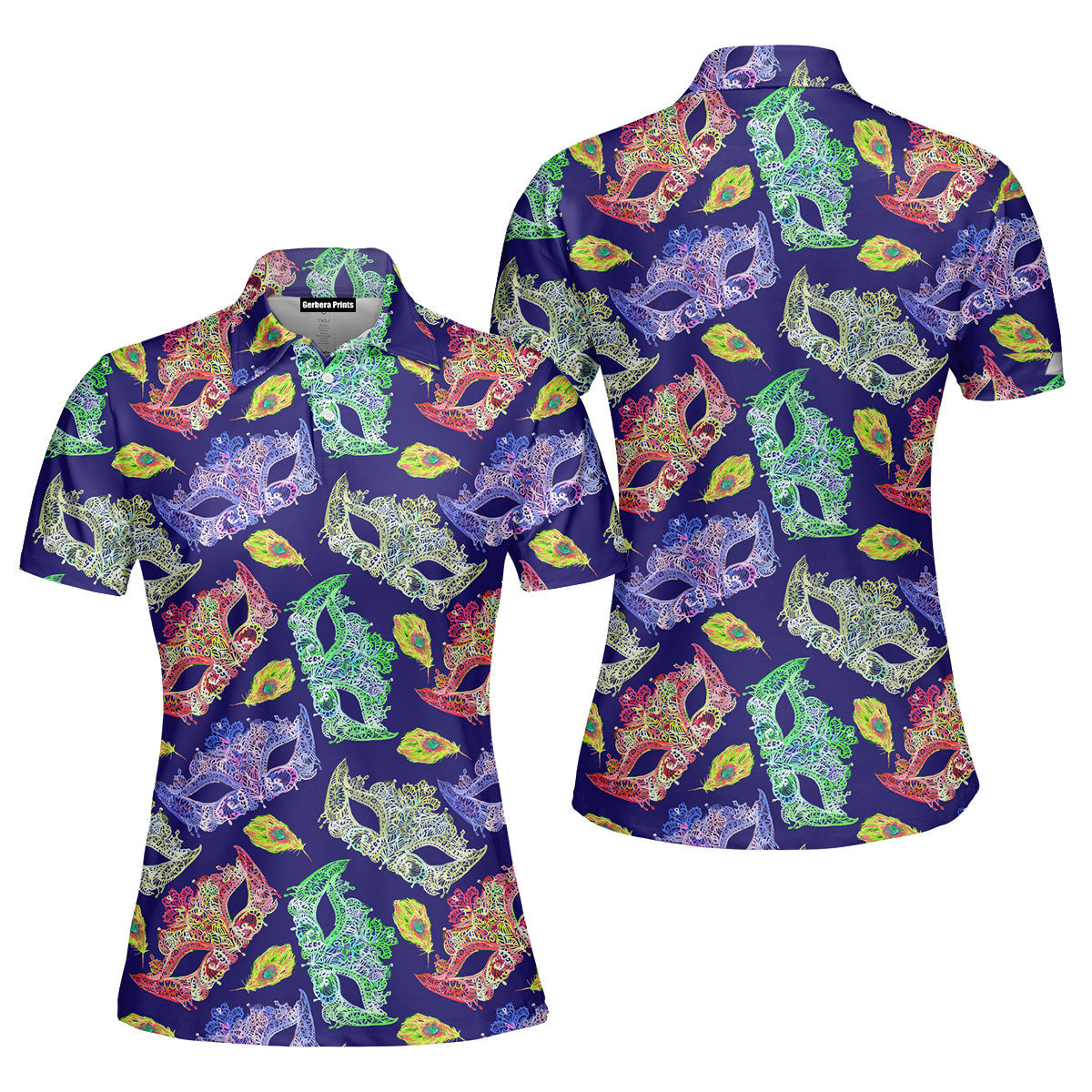Colorful Rhinestones Masks Mardi Gras Polo Shirt For Women