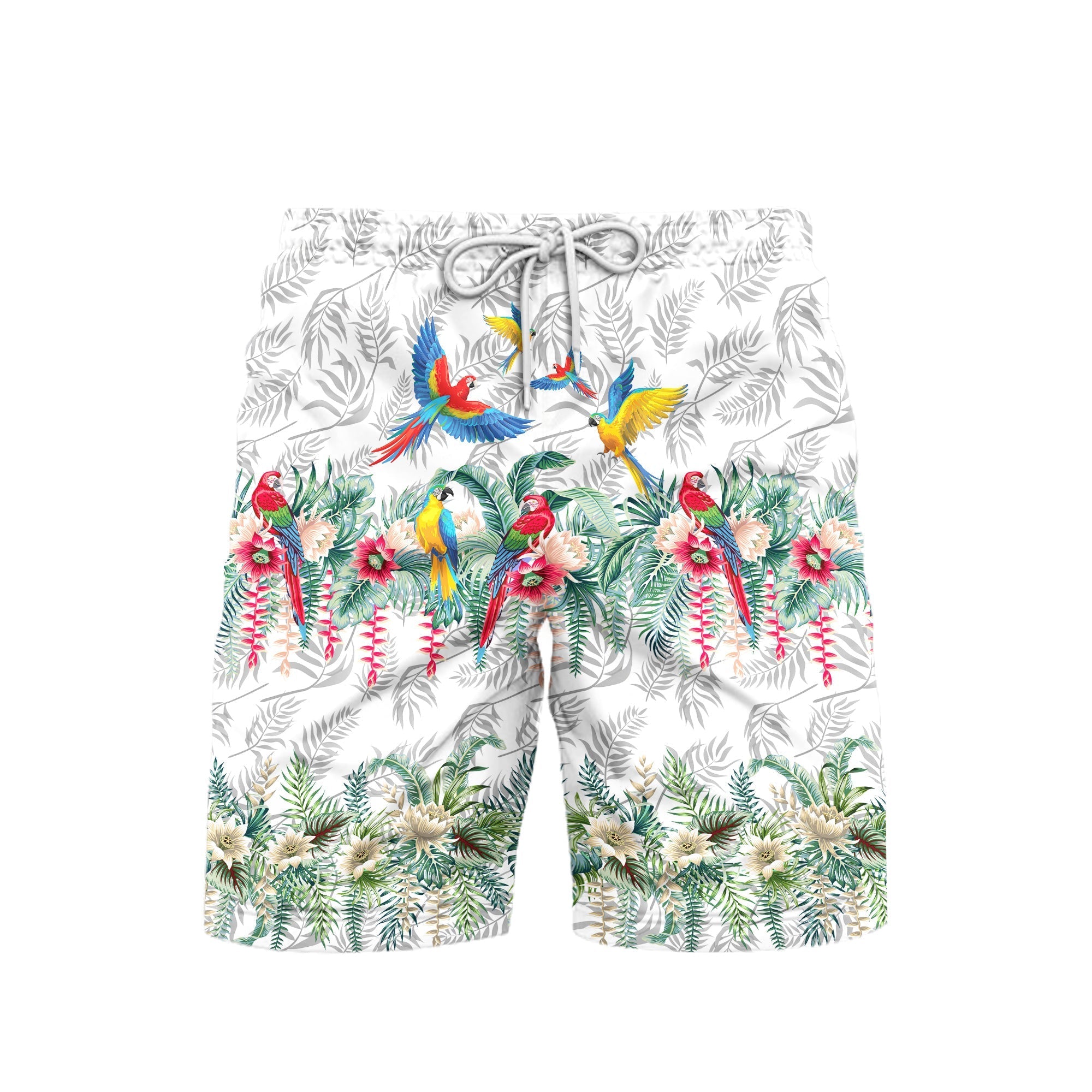 Vintage Botanical Lotus And Macaw Parrot Beach Shorts For Men