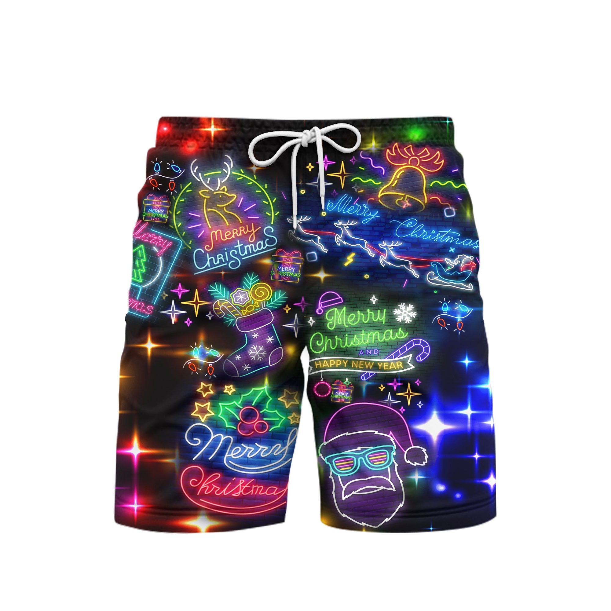Neon Merry Christmas And Happy New Year Colorful Lights Beach Shorts