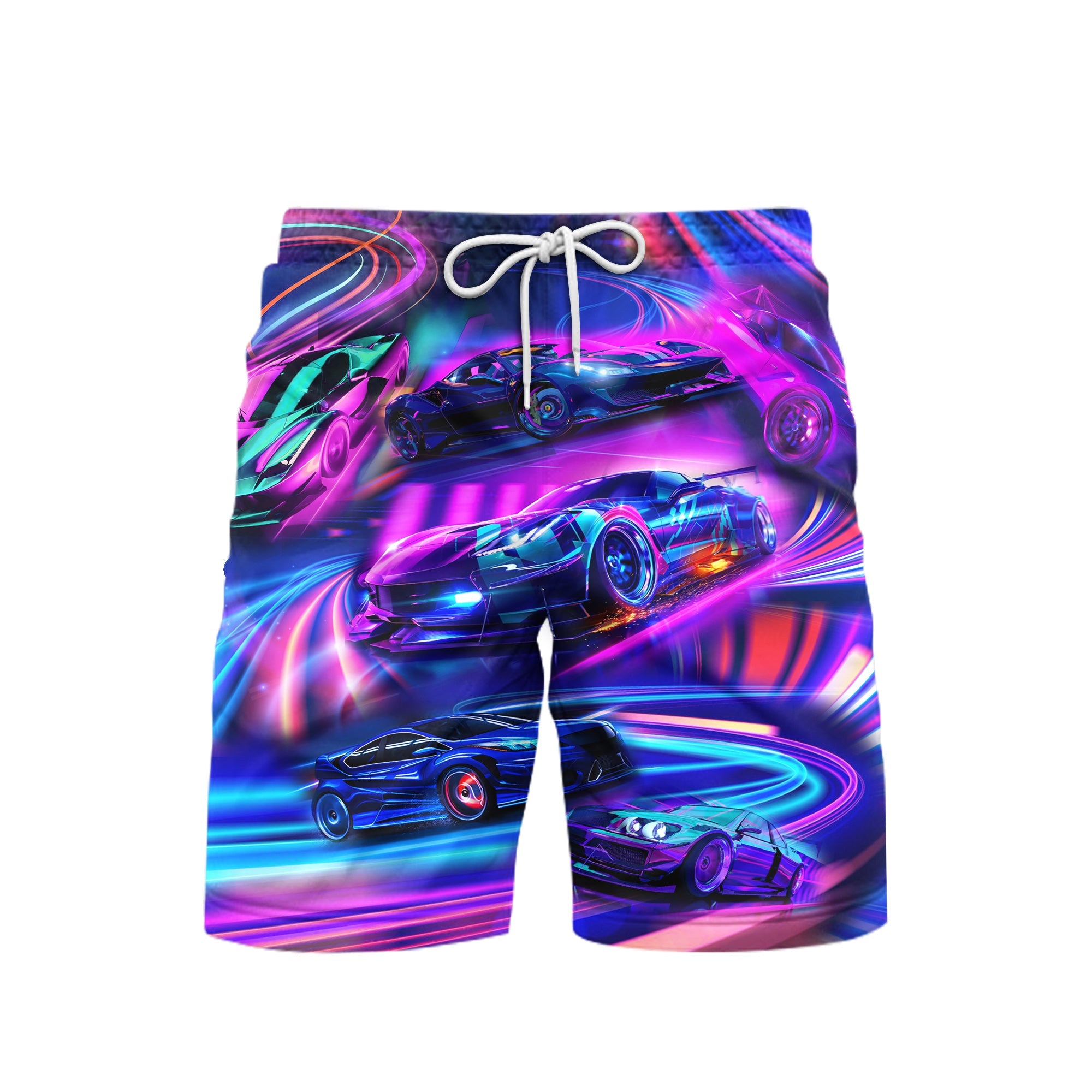 Car Neon Rave Colorful Car Racing With Mesh Lining Beach Shorts