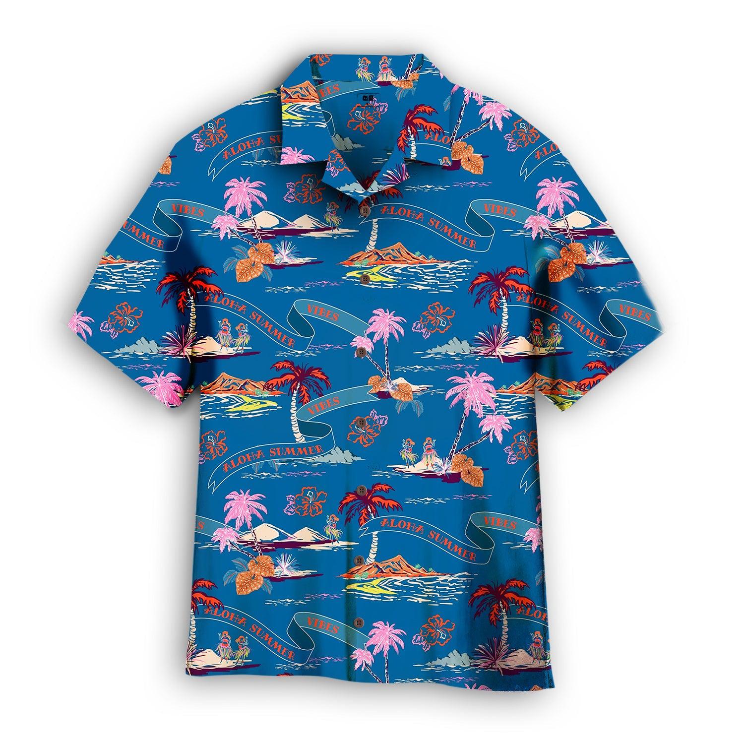 Trendy Tropical Island On Dark Ocean Blue Palm Trees Beach Hawaiian Shirt For Men & Women