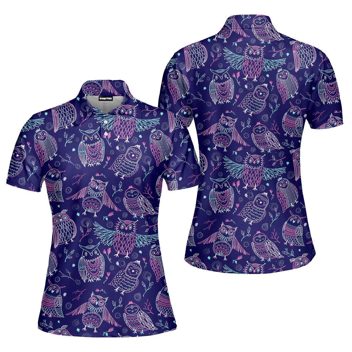 Tropical Colorful Neon Owl Polo Shirt For Women