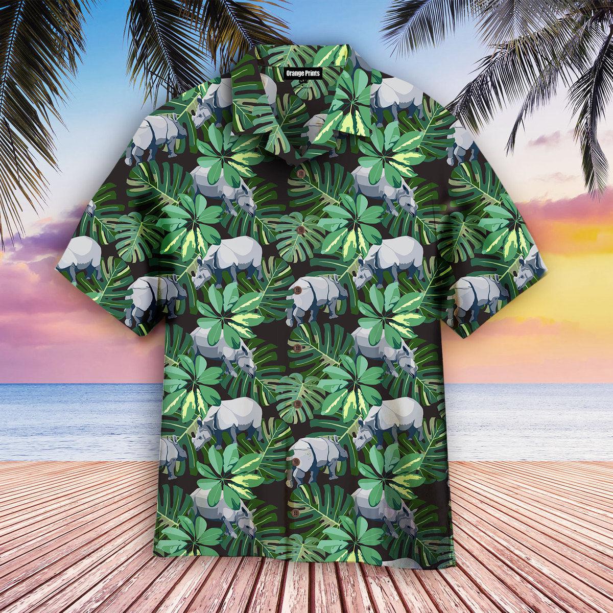 Tropical Rhino Wild Animals Plant Floral Hawaiian Shirt For Men & Women