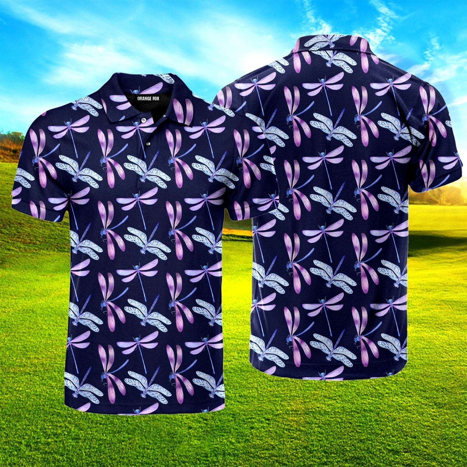 Watercolor Dark Blue Dragonflies Polo Shirt For Men