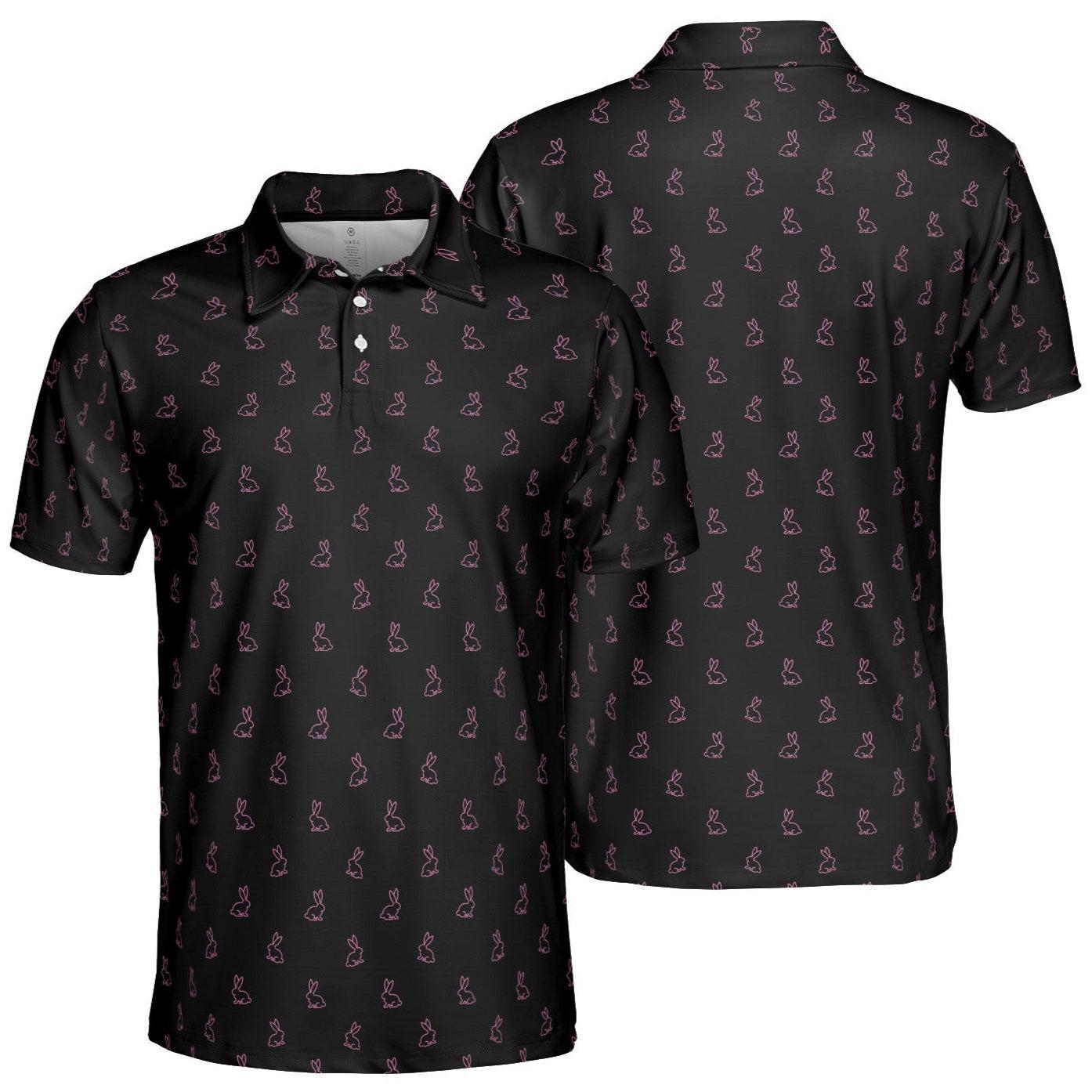 Black Polo Golf Shirt for Men Pink Easter Bunny Festive Rabbit Print Moisture Wicking Short Sleeve Top
