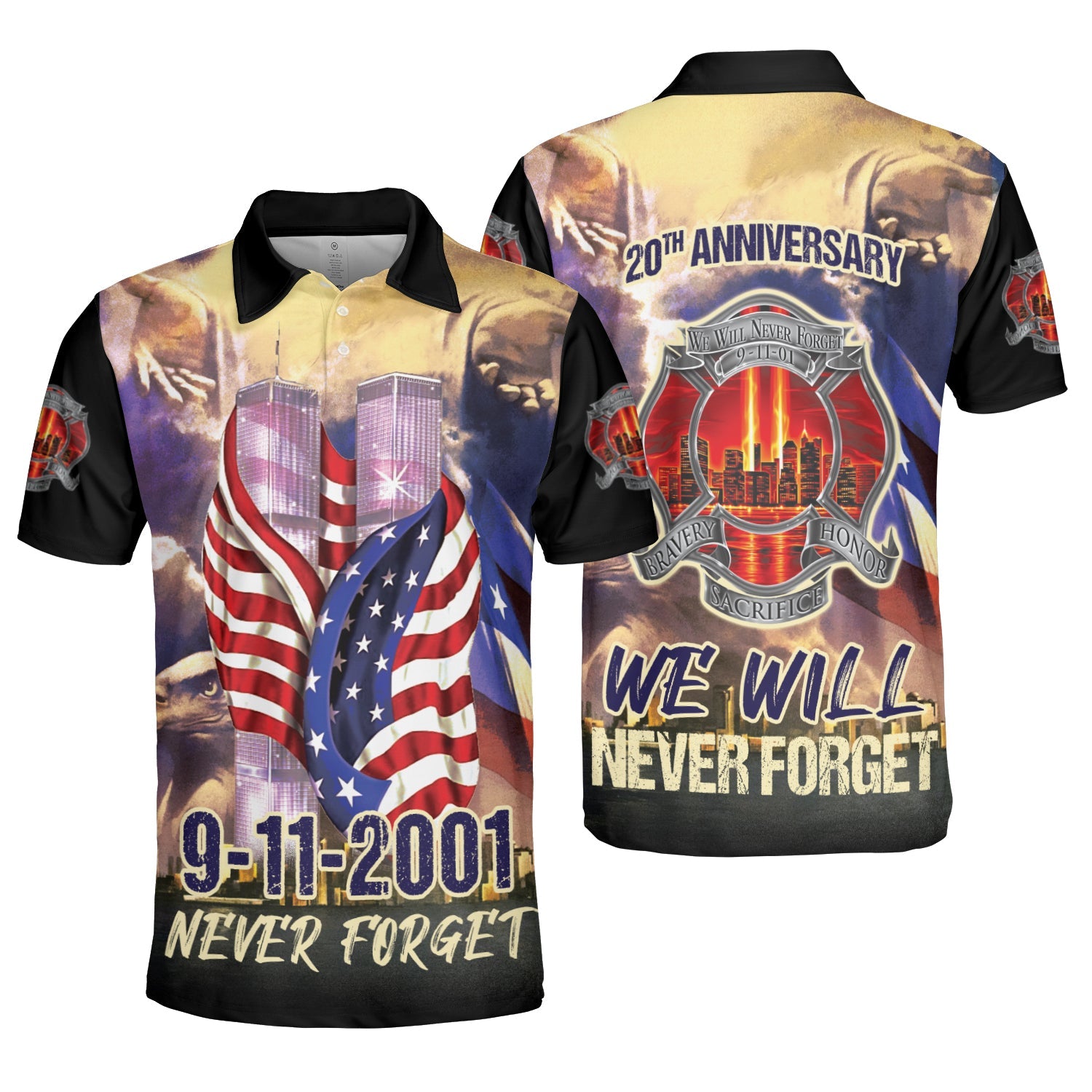 Firefighter 20th Anniversary - Never Forget AOP Polo Shirt Dad Father Gilf