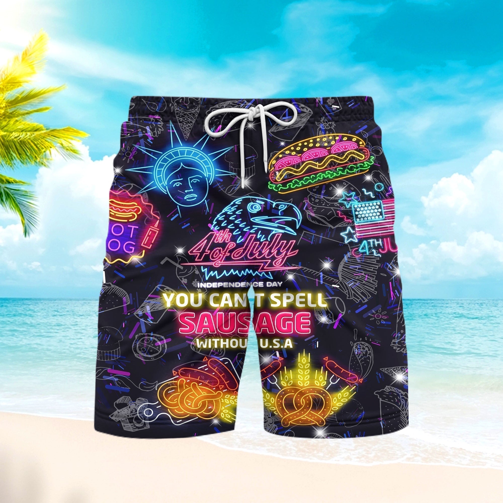4th Of July You Can't Spell Sausage Without USA Beach Shorts For Men