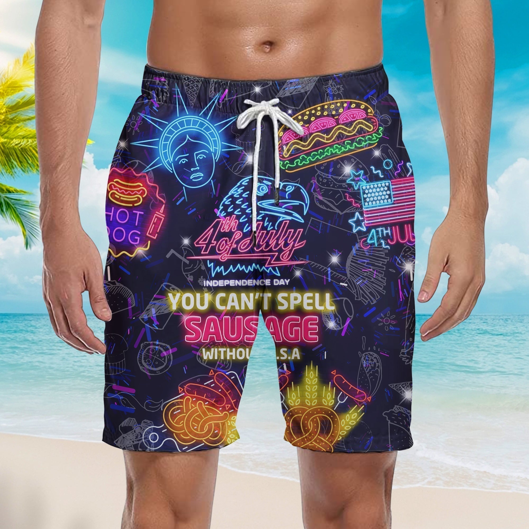 4th Of July You Can't Spell Sausage Without USA Beach Shorts For Men