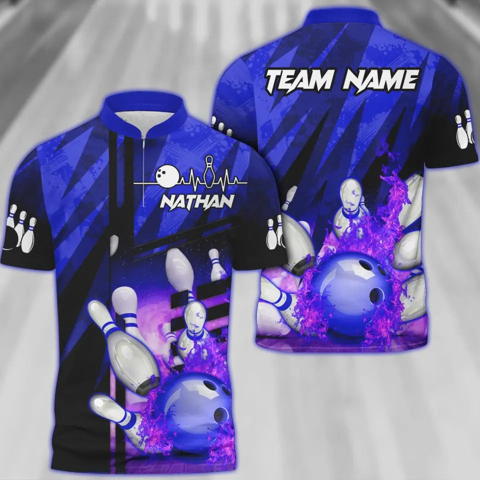 Customized Bowling Polo Shirt, Bowling And Pins Abstract Grunge Texture XX Multicolor Option Customized Name And Team Zipper Polo Jerseys Shirts