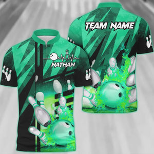Customized Bowling Polo Shirt, Bowling And Pins Abstract Grunge Texture XX Multicolor Option Customized Name And Team Zipper Polo Jerseys Shirts