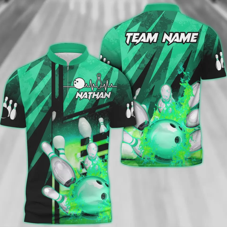 Customized Bowling Polo Shirt, Bowling And Pins Abstract Grunge Texture XX Multicolor Option Customized Name And Team Zipper Polo Jerseys Shirts