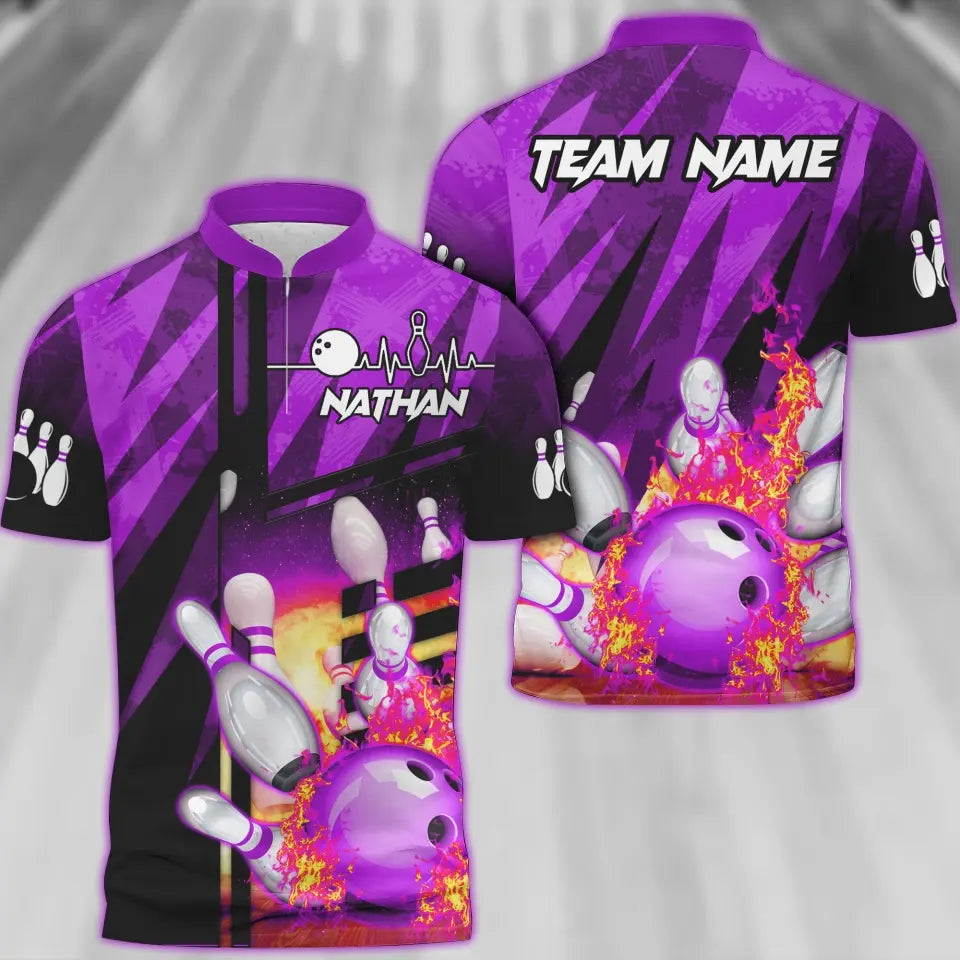Customized Bowling Polo Shirt, Bowling And Pins Abstract Grunge Texture XX Multicolor Option Customized Name And Team Zipper Polo Jerseys Shirts