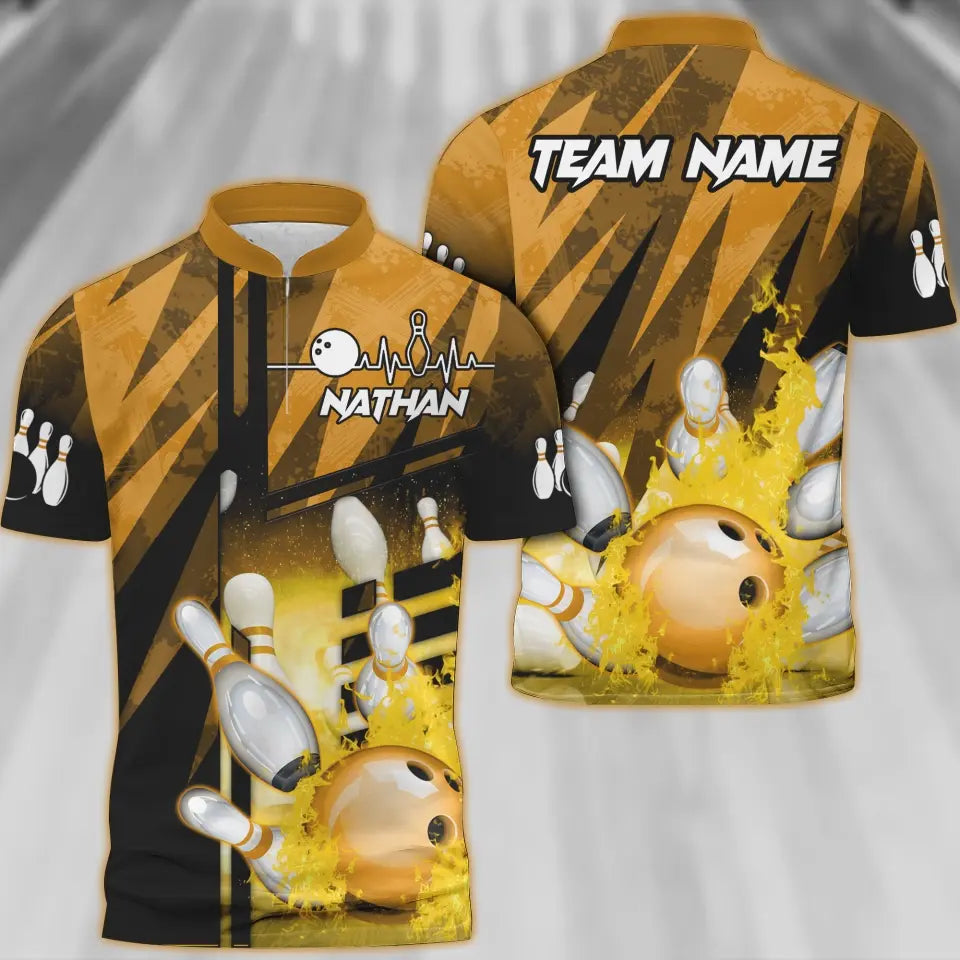 Customized Bowling Polo Shirt, Bowling And Pins Abstract Grunge Texture XX Multicolor Option Customized Name And Team Zipper Polo Jerseys Shirts