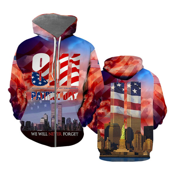911 We Will Never Forget Patriot Day Zip Up Hoodie For Men & Women