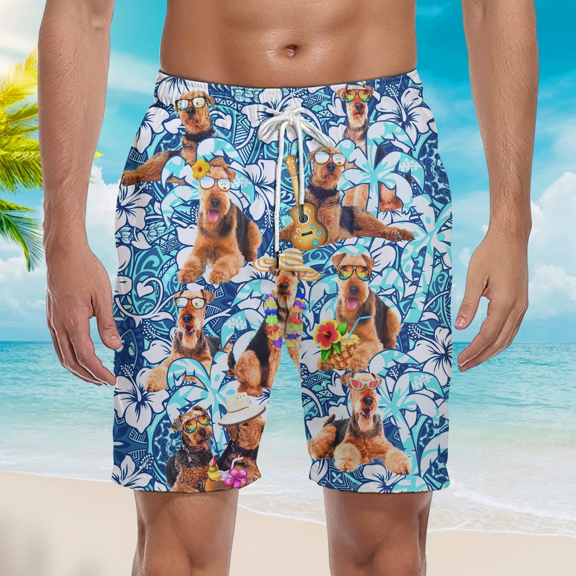 Airedale Terrier Dogs Love Beach Floral Beach Shorts For Men