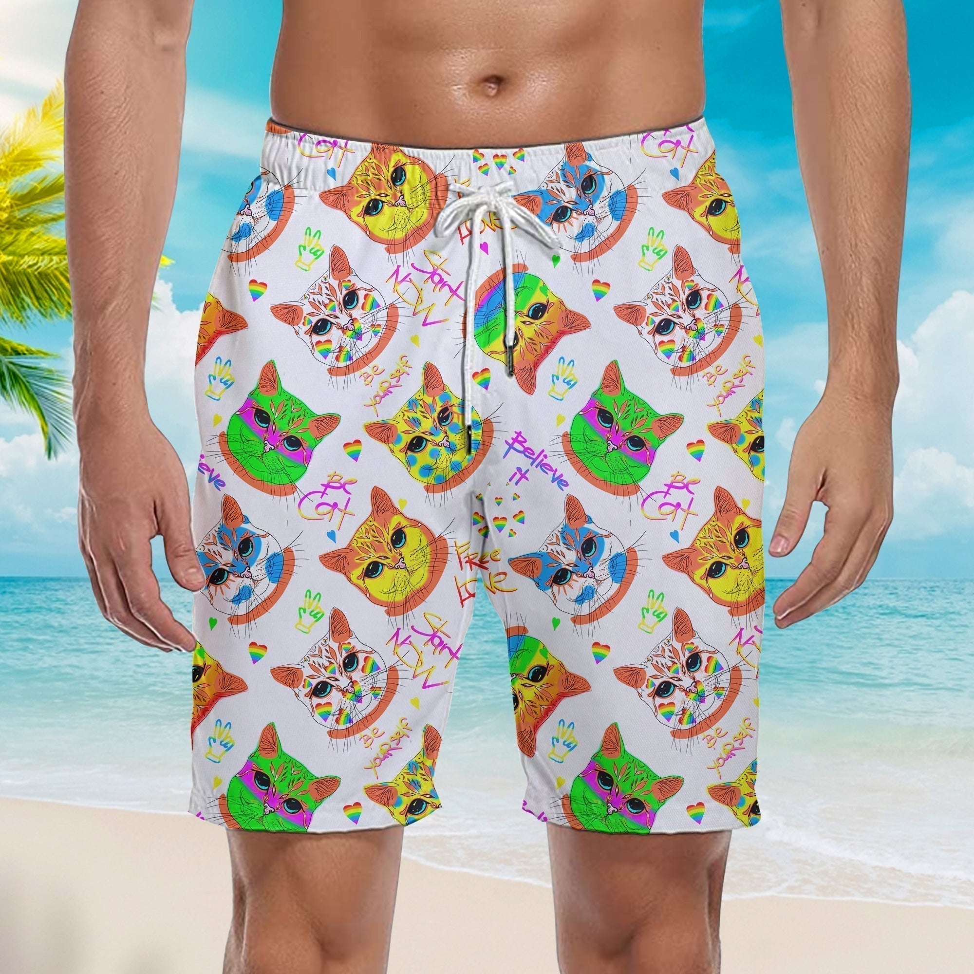 Amazing Hippie Be Cat And Believe It LGBT LGBTQ Be Yourself Beach Shorts For Men