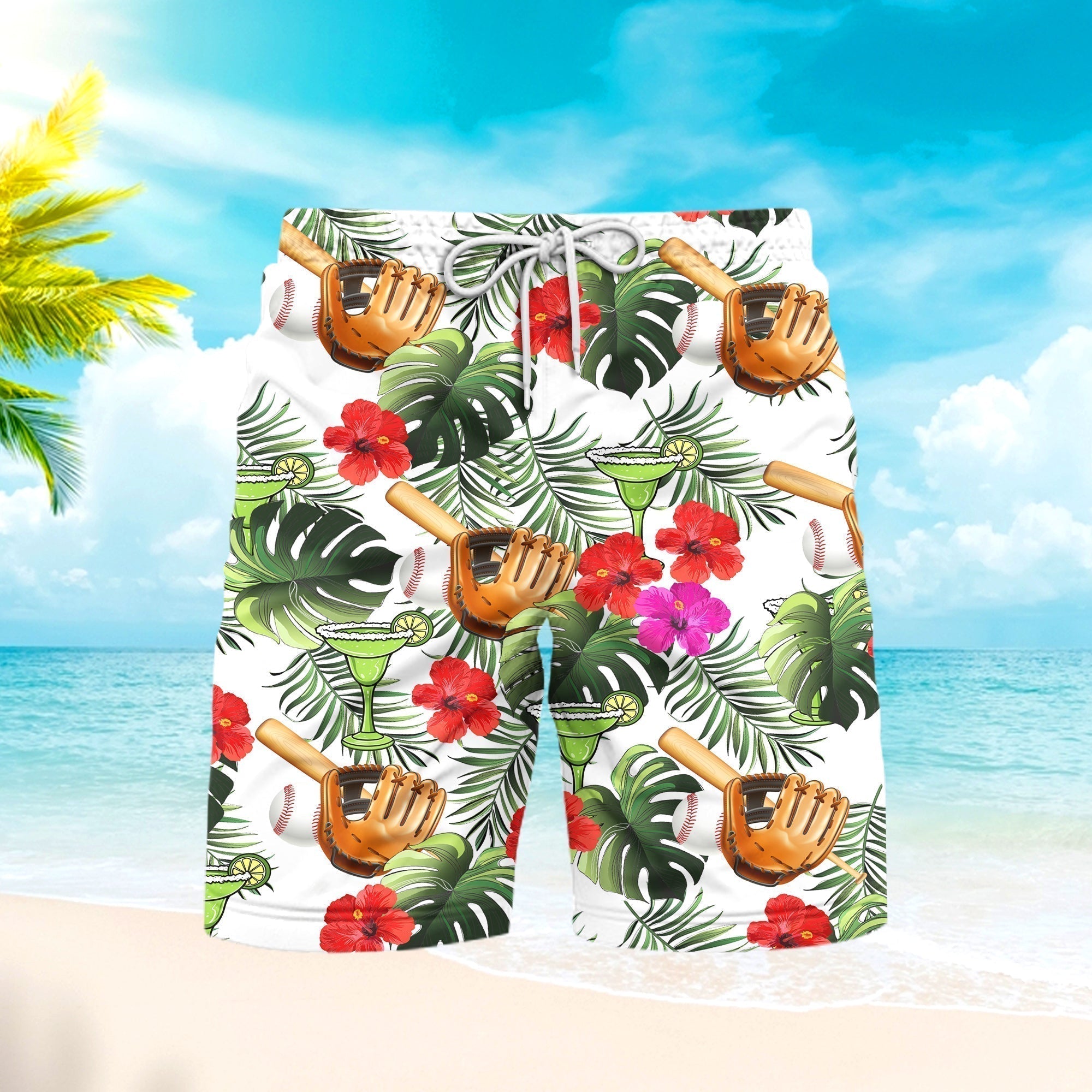 Baseball And Margarita Green Leaf Beach Shorts For Men