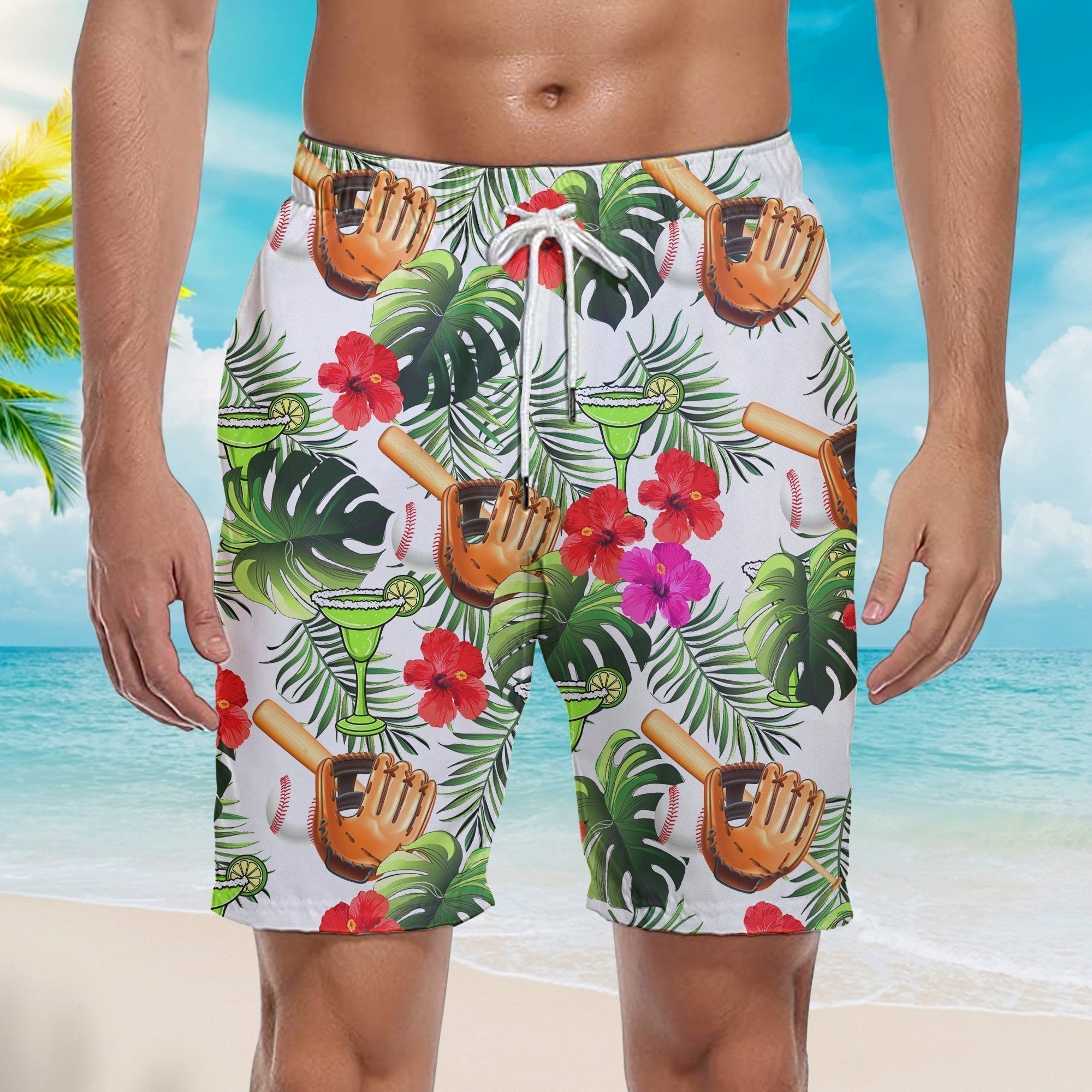 Baseball And Margarita Green Leaf Beach Shorts For Men