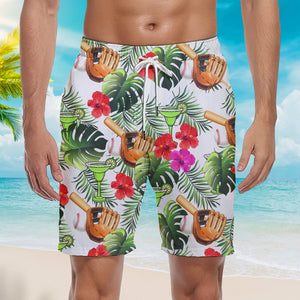 Baseball And Margarita Green Leaf Beach Shorts For Men