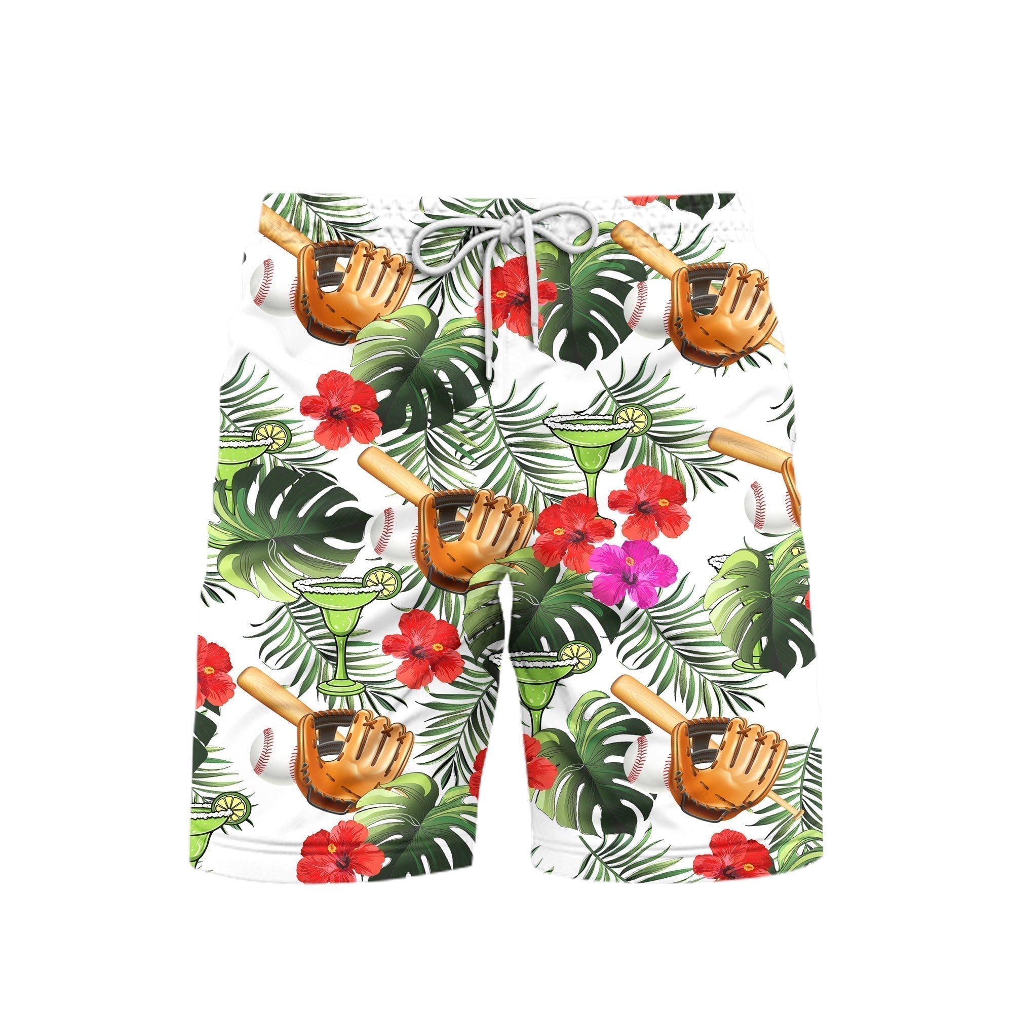 Baseball And Margarita Green Leaf Beach Shorts For Men