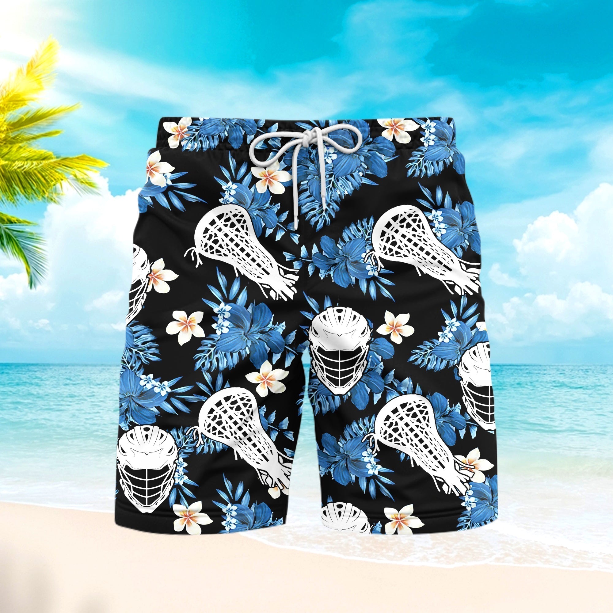 Blue Black Lacrosse Tropical Aloha Beach Shorts For Men