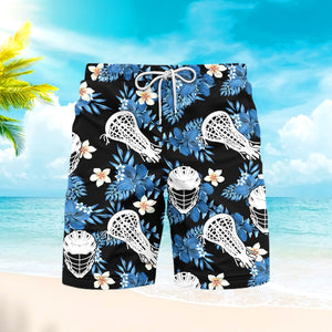 Blue Black Lacrosse Tropical Aloha Beach Shorts For Men