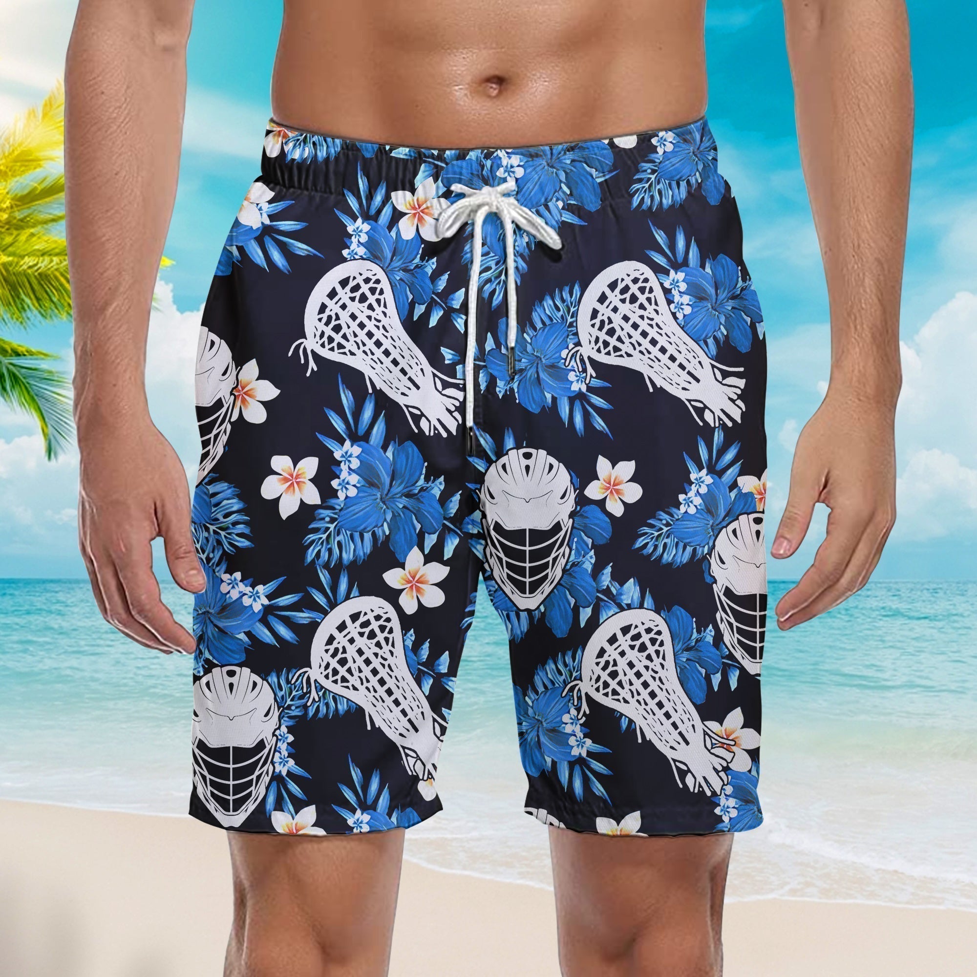 Blue Black Lacrosse Tropical Aloha Beach Shorts For Men