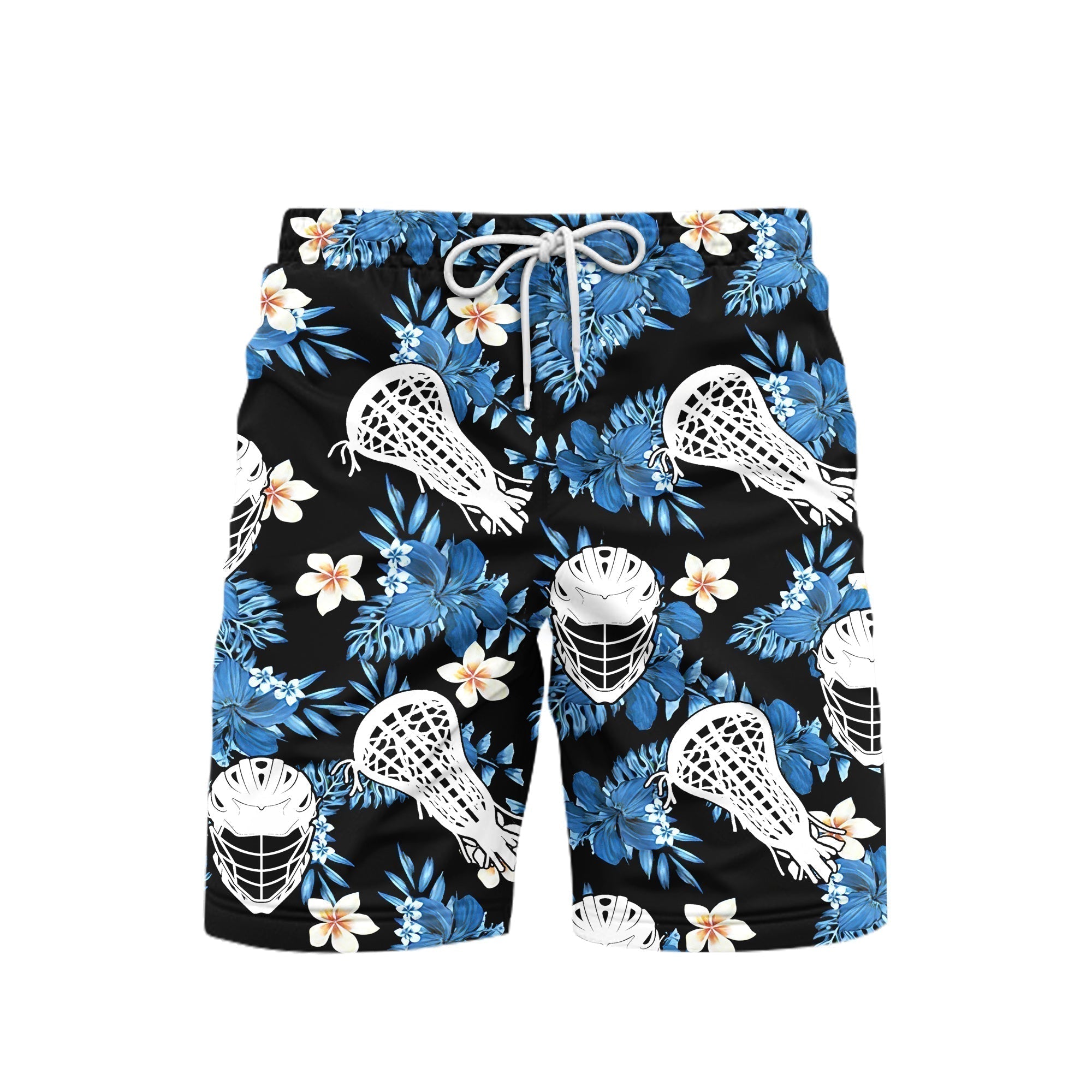Blue Black Lacrosse Tropical Aloha Beach Shorts For Men