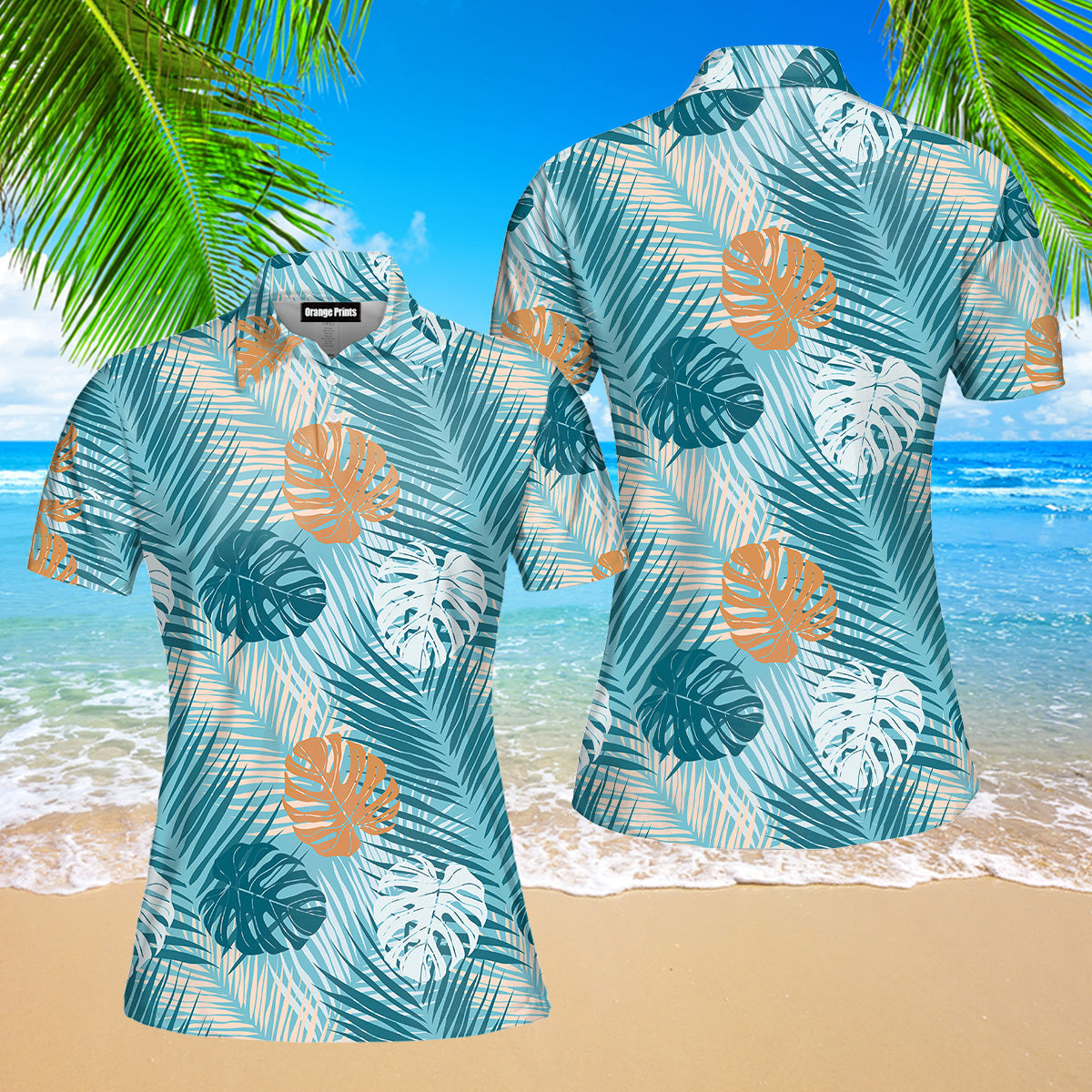 Blue Tropical Leaves Pattern Polo Shirt For Women