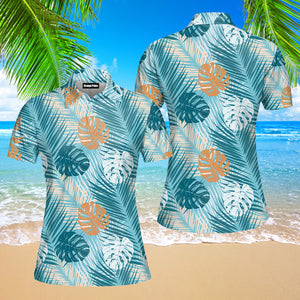 Blue Tropical Leaves Pattern Polo Shirt For Women