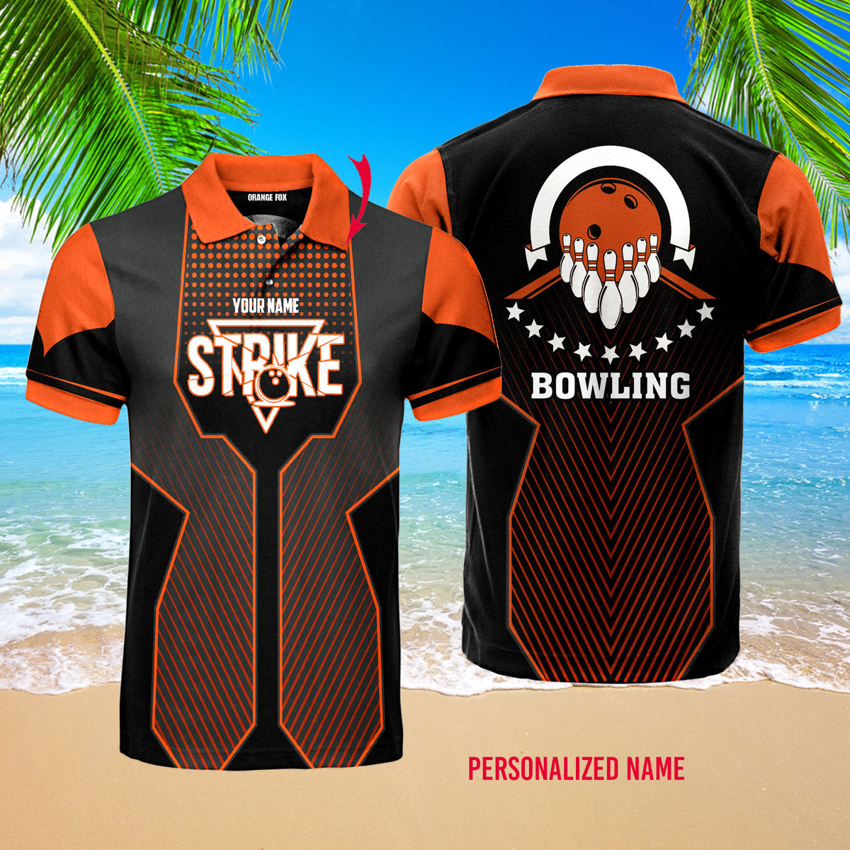 Bowling Strike Orange Black Bowling Pins Custom Name Polo Shirt For Men & Women