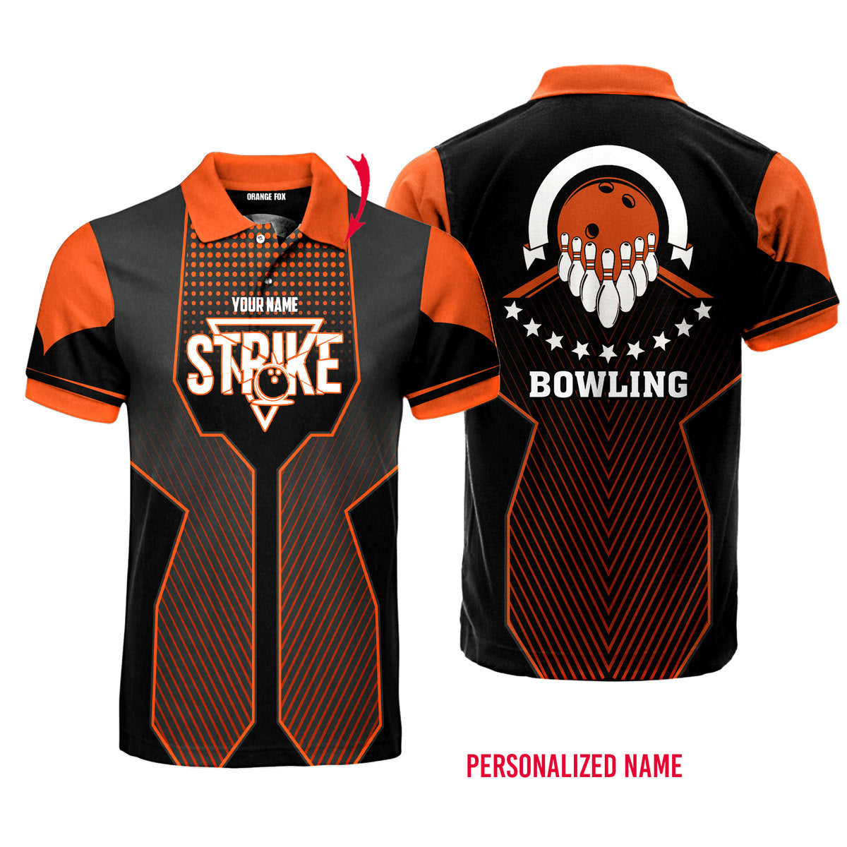 Bowling Strike Orange Black Bowling Pins Custom Name Polo Shirt For Men & Women