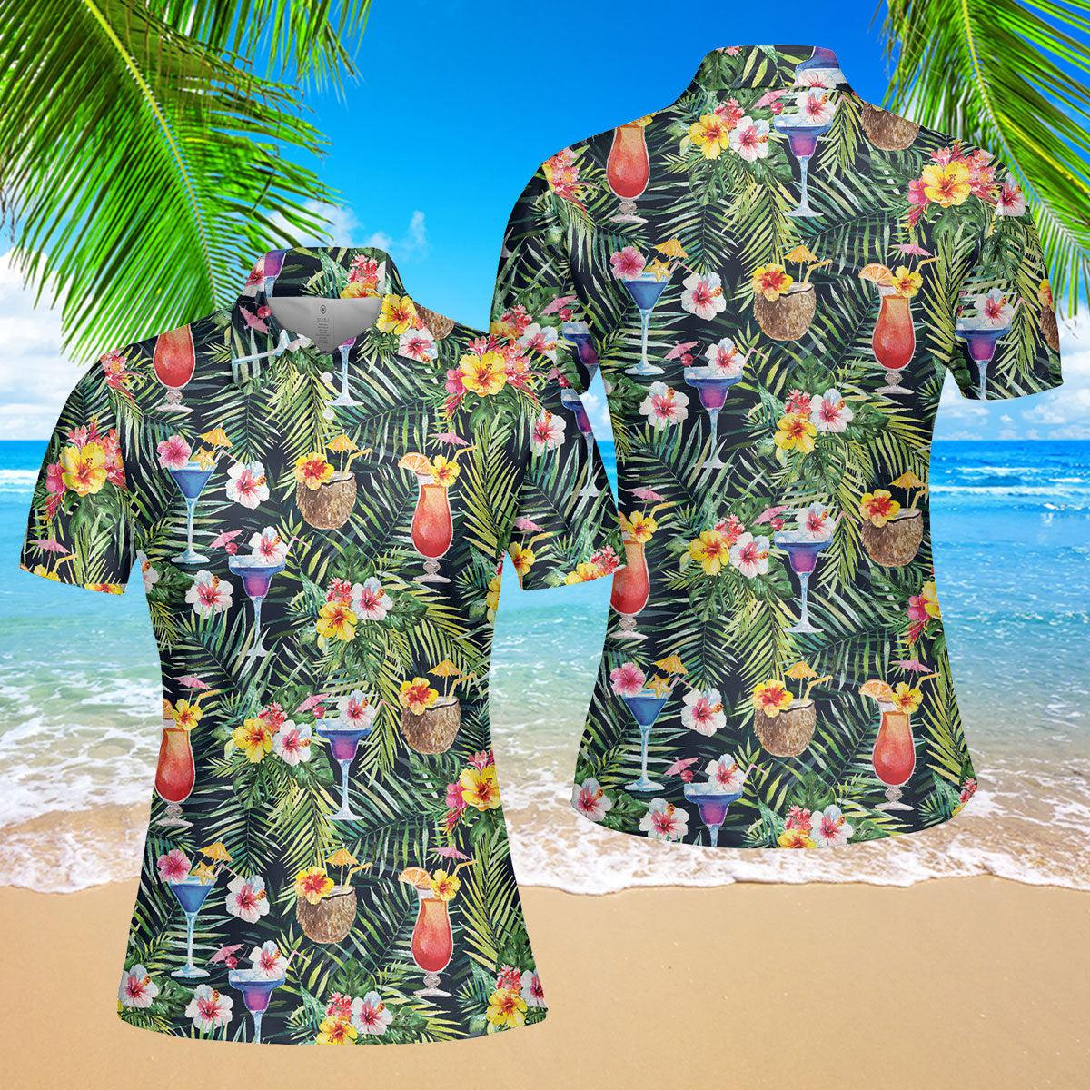 Bright Cocktails With Colorful Flowers Polo Shirt For Women