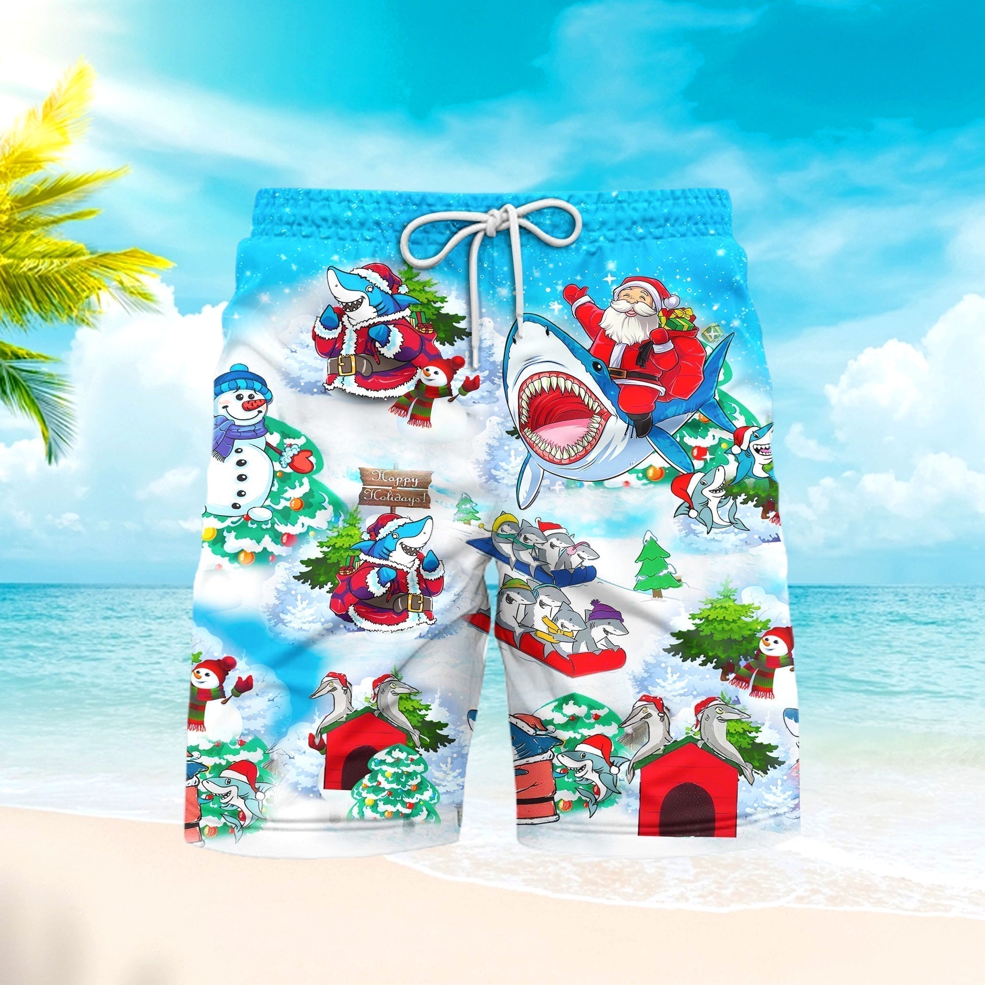 Christmas Shark Blue Beach Shorts For Men