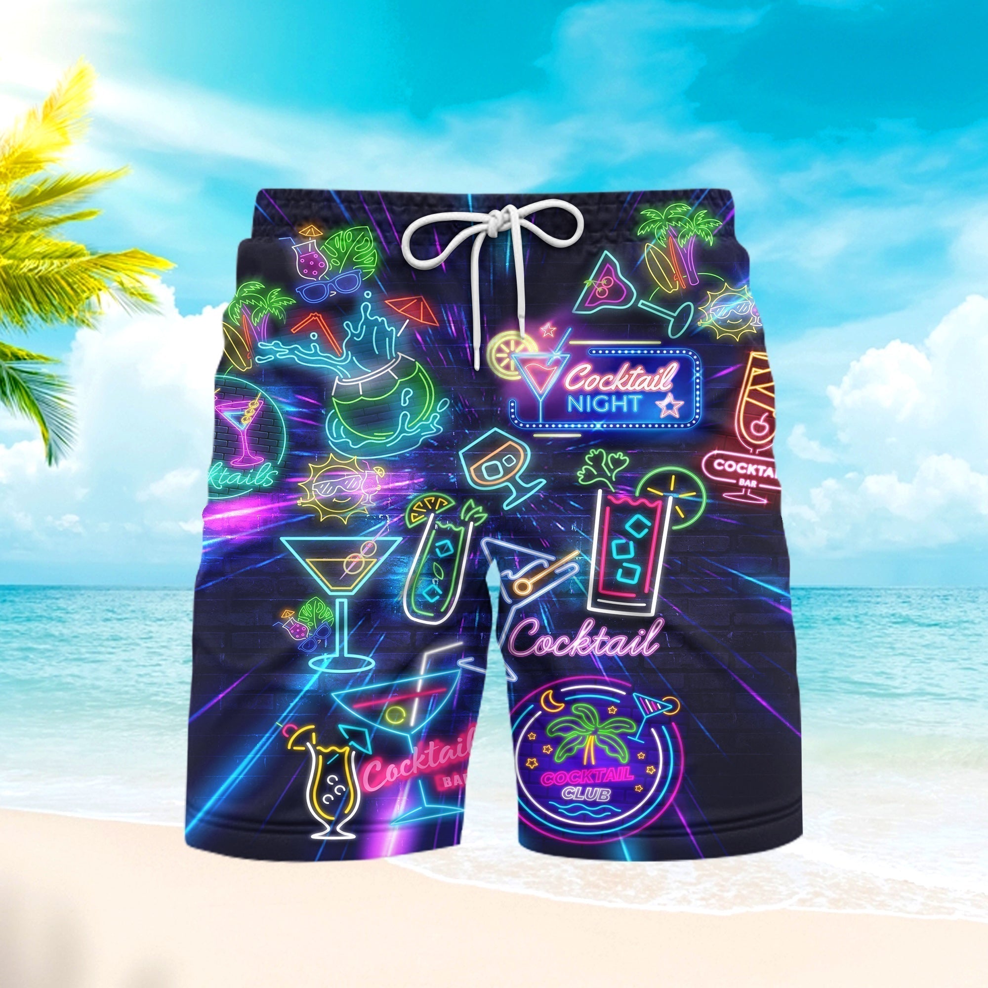 Cocktail Night Neon Pattern Beach Shorts For Men