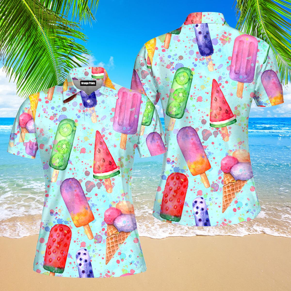 Color Ice Cream Cone Pattern Polo Shirt For Women