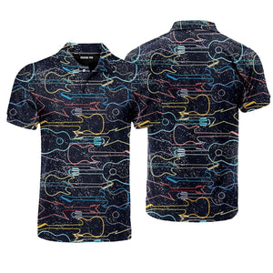 Colorful Acoustic And Electric Guitars Polo Shirt For Men