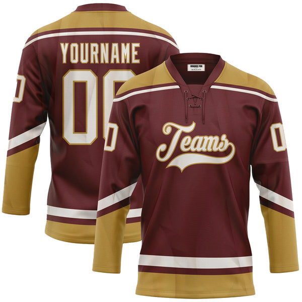 Custom Burgundy White-Old Gold Lace Neck Hockey Jersey For Men & Women